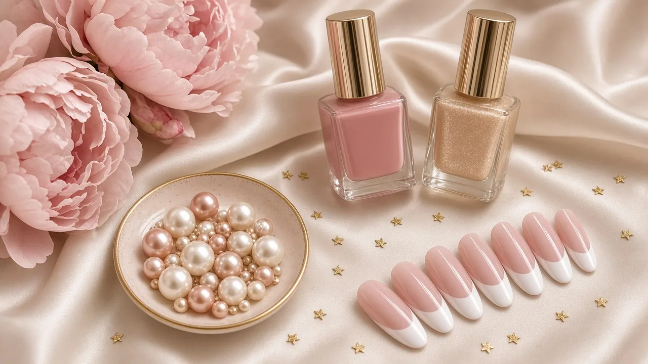 Blush and champagne nail polish bottles with a dish of pearls, gold star decals, French tip nails and pink peonies on cream satin